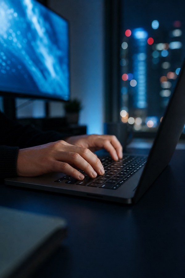 Developer typing on a laptop with blue ambient light