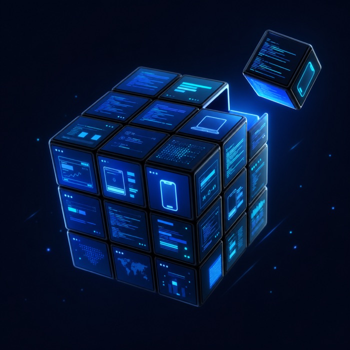 Illustrated Rubik’s cube filled with software and interface scenes
