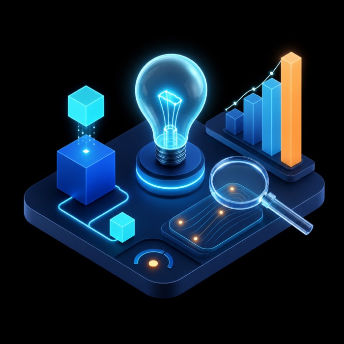 Isometric illustration of ideas, data, and software building blocks