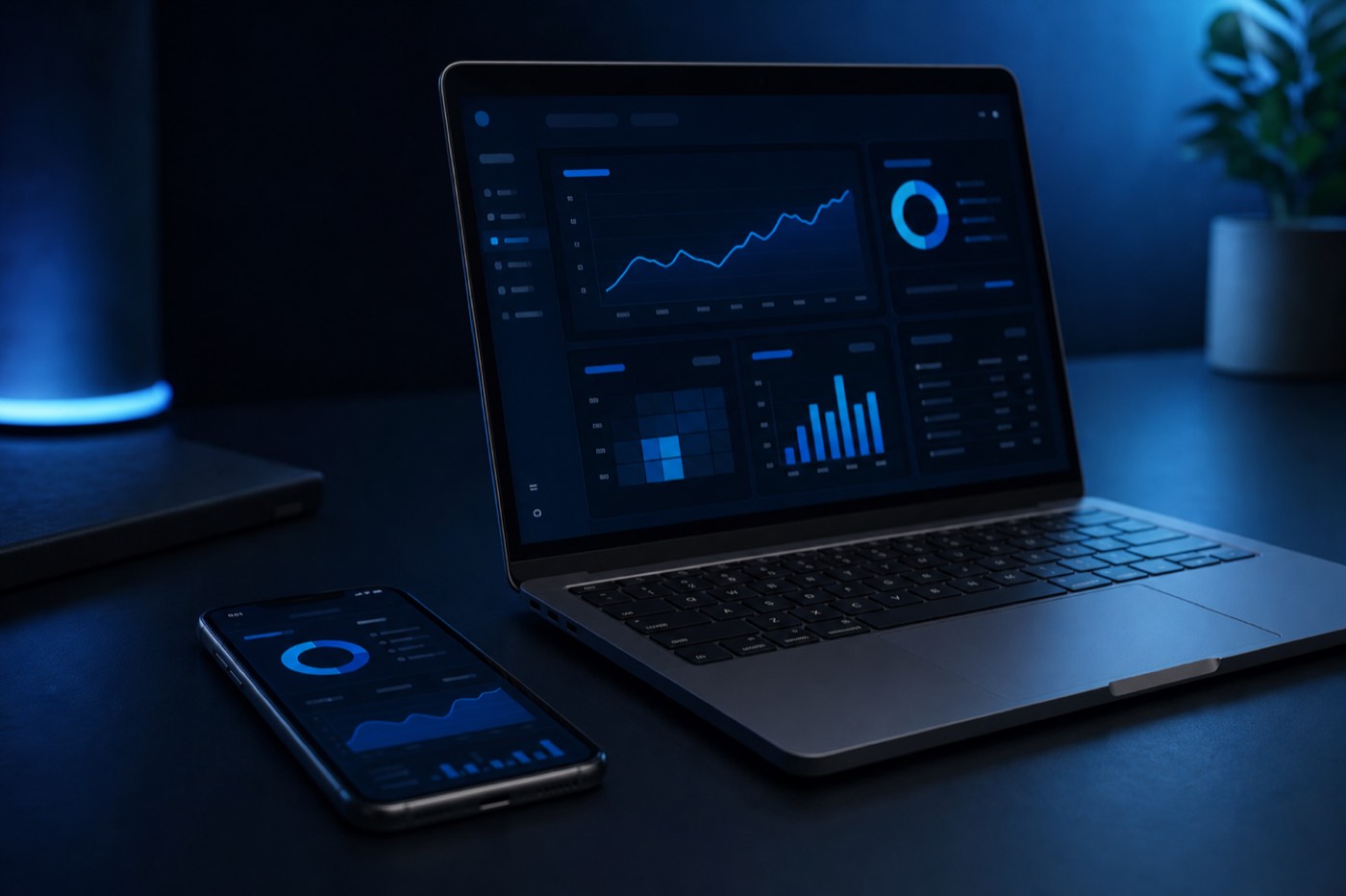 Laptop and phone showing modern software interfaces