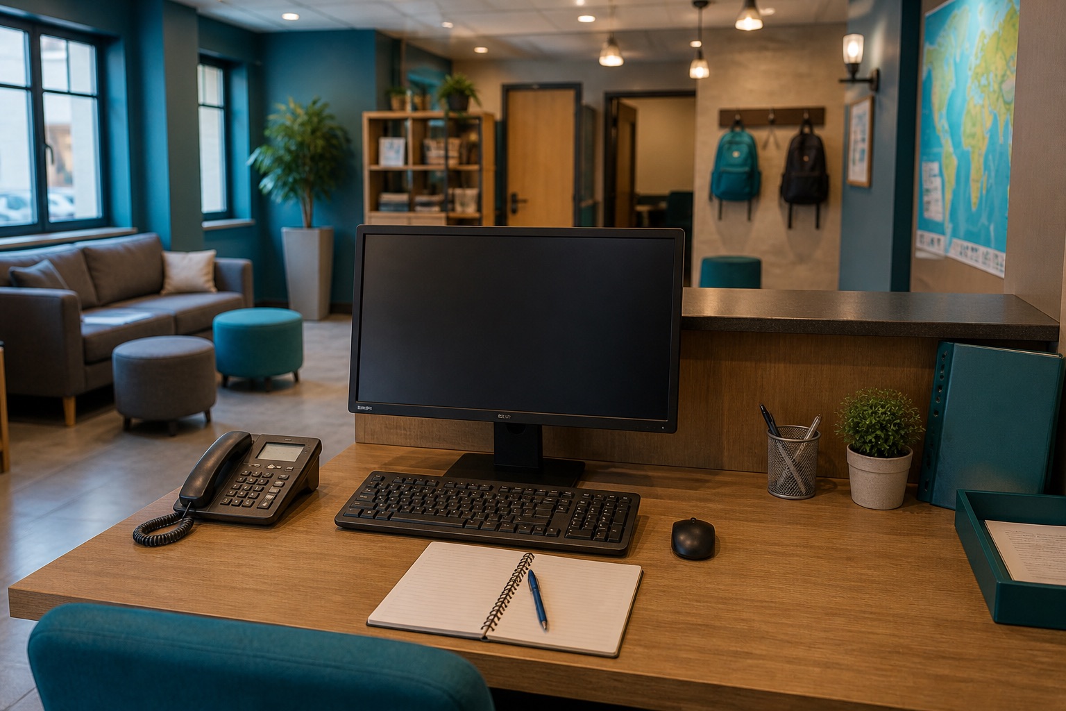 Hostel administrator working at the front desk