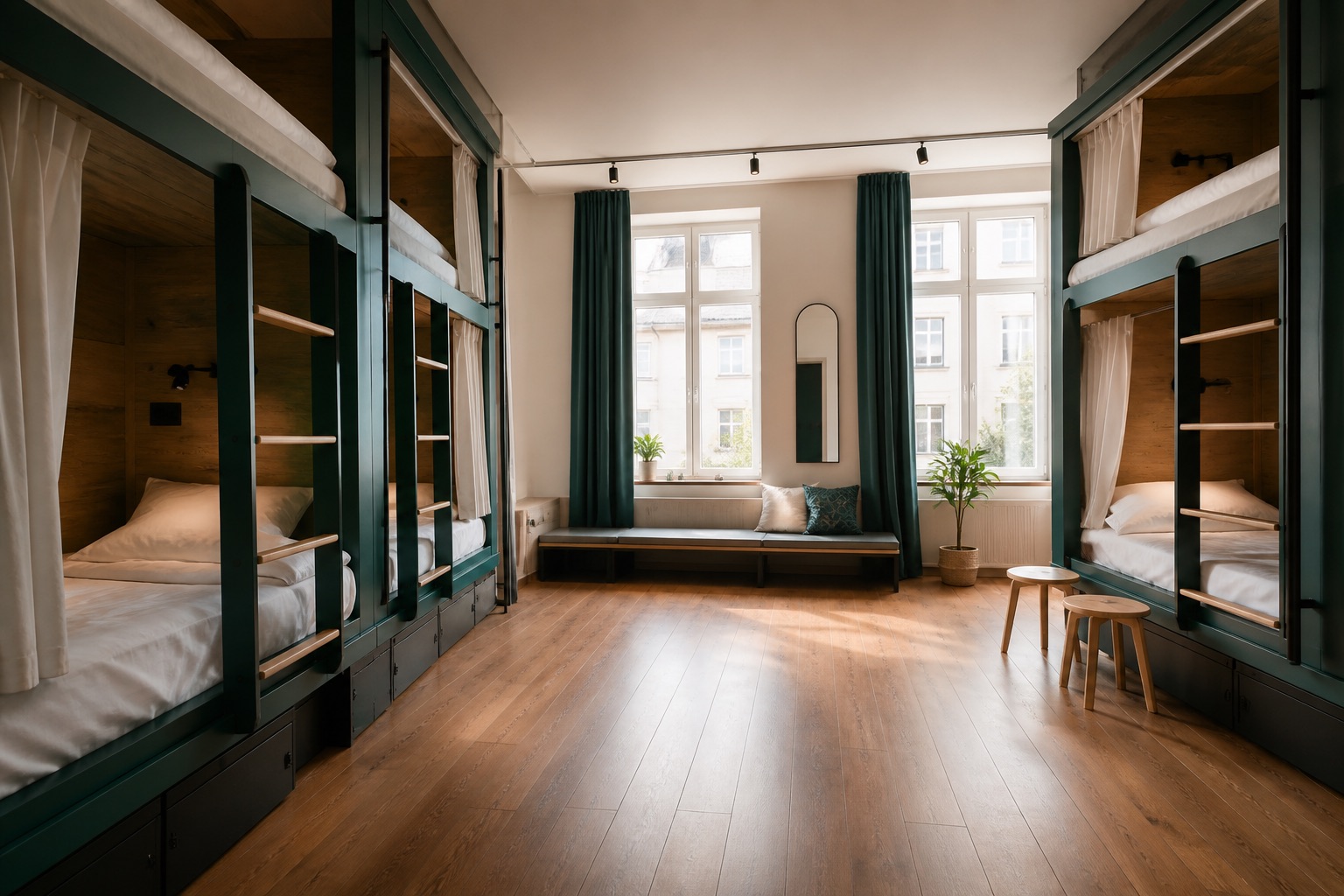 Bright modern hostel dormitory with tidy bunk beds and natural light