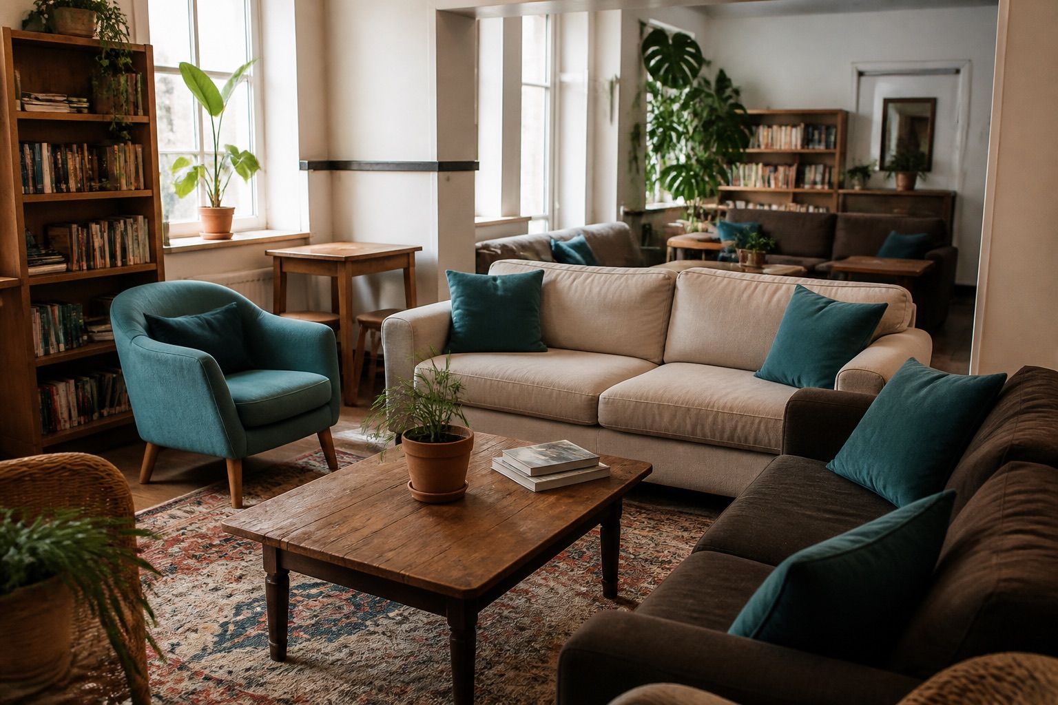 Shared hostel lounge and common area