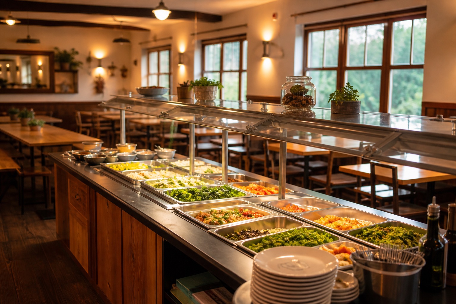 Hostel dining hall during meal service