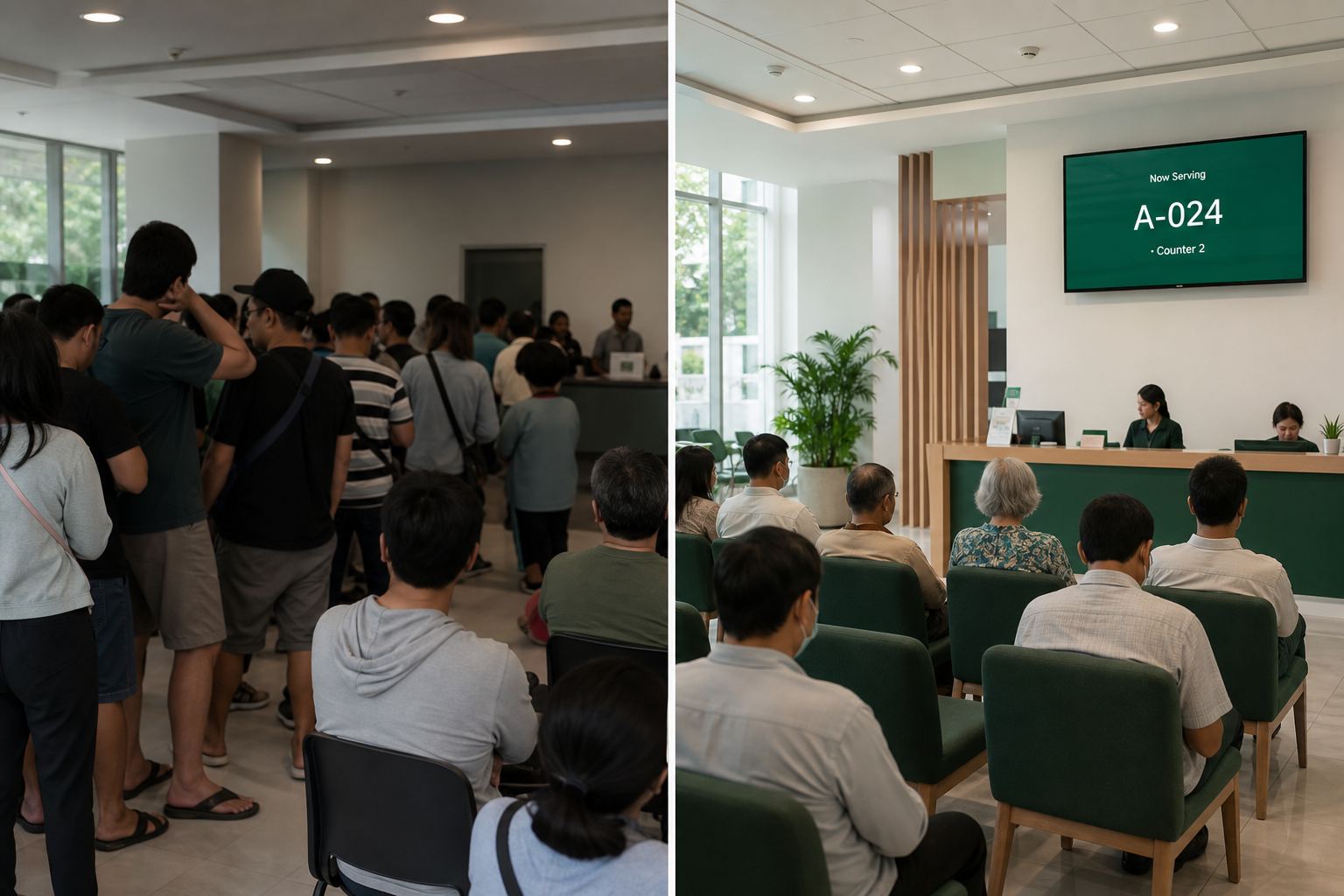 Crowded office vs organized TokenX queue