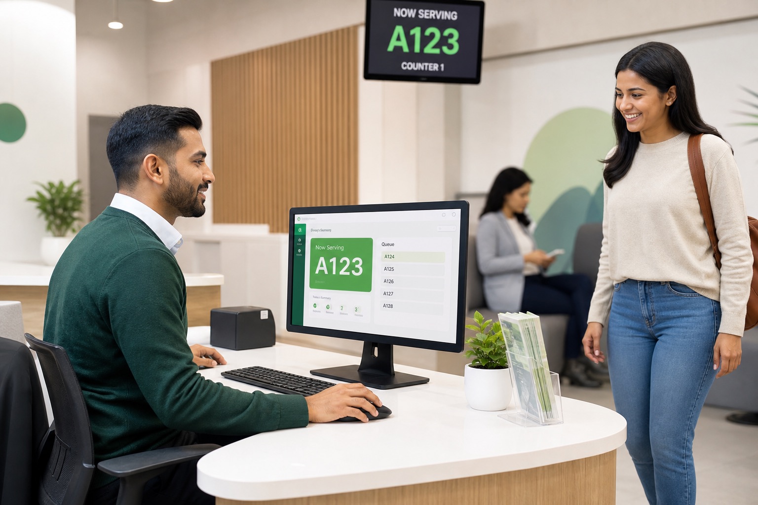 A service employee calling a customer through a digital token system